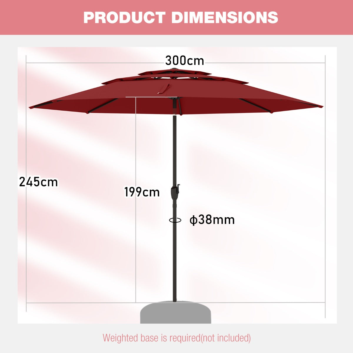 Livsk costway 300 cm grote 3 laagse parasol tafelparasol met kantelmechanisme handslinger 8 stevige ribben zonnescherm voor tuin wijnrood