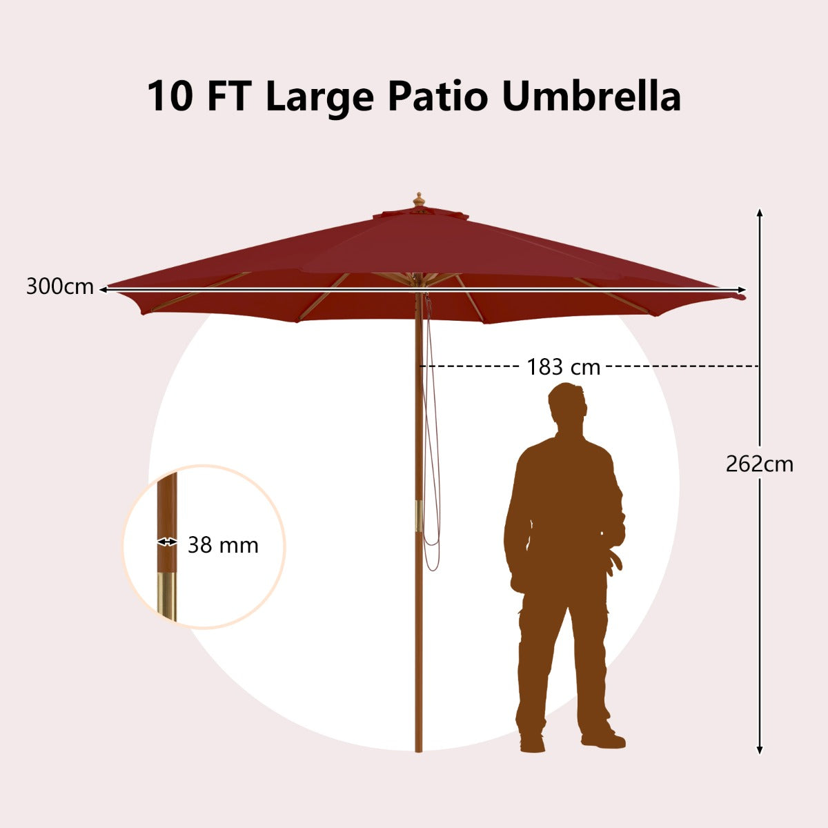 Livsk costway 300 cm grote houten parasol tafelparasol met 8 bamboostokken 300 x 300 x 262 cm wijnrood 1