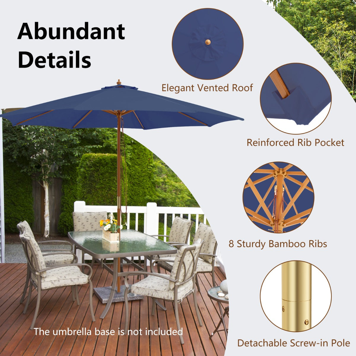 LIVSK Houten Terrasparasol - 300 x 300 x 262 cm - Ademend en Waterdicht Polyester - 8 Bamboestokken - Eenvoudig te Gebruiken -