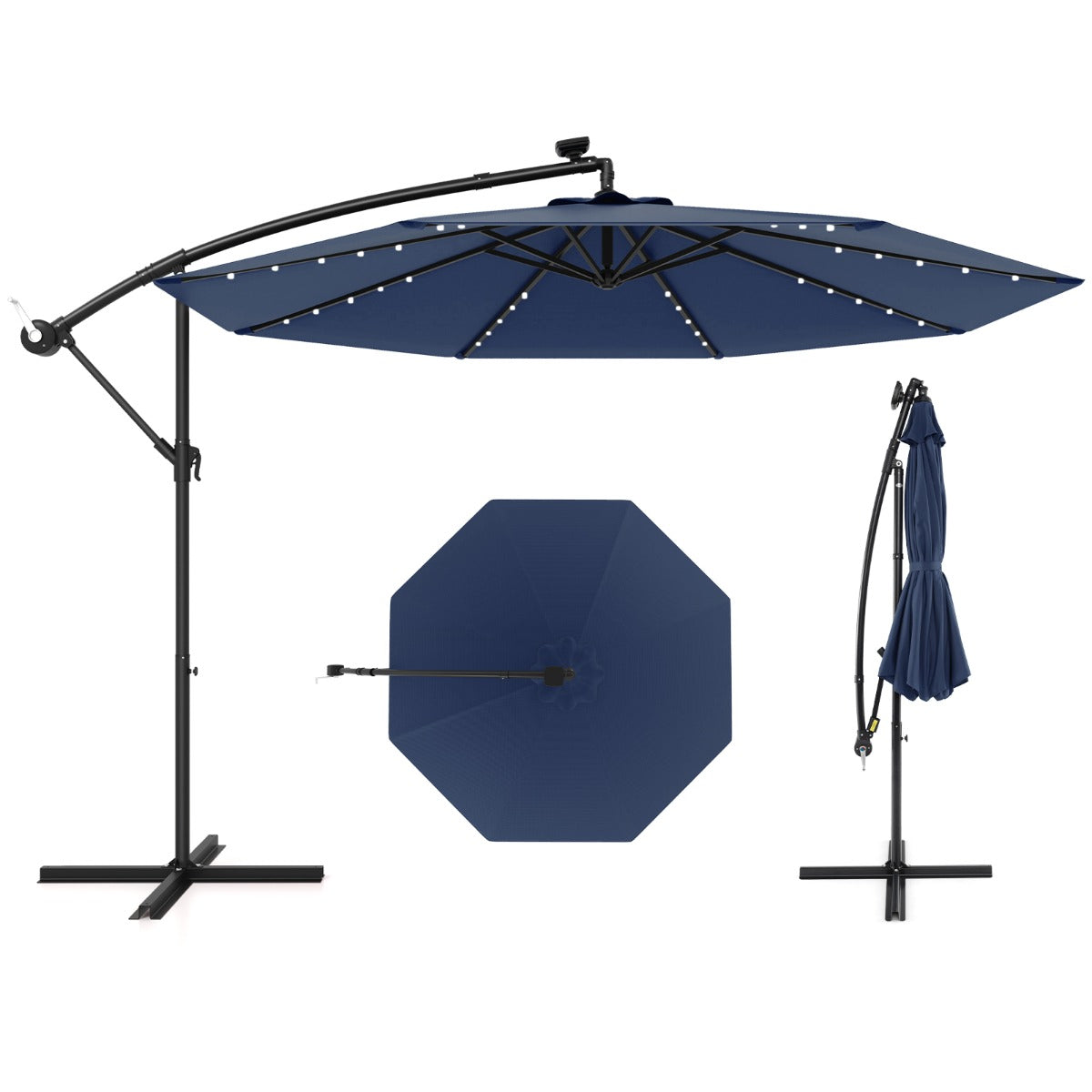 LIVSK Hangparasol op Zonne-energie - 300 x 250 cm - 40 Lampen - Verstelbaar - Duurzaam Polyester - Grijs/Donkblauw