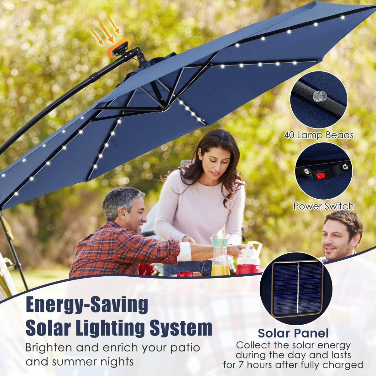 LIVSK Hangparasol op Zonne-energie - 300 x 250 cm - 40 Lampen - Verstelbaar - Duurzaam Polyester - Grijs/Donkblauw
