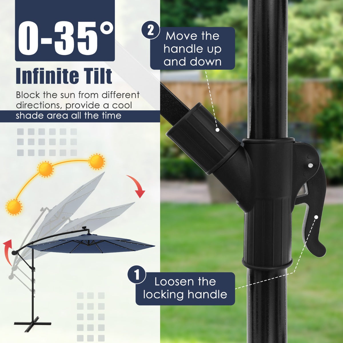 LIVSK Hangparasol op Zonne-energie - 300 x 250 cm - 40 Lampen - Verstelbaar - Duurzaam Polyester - Grijs/Donkblauw