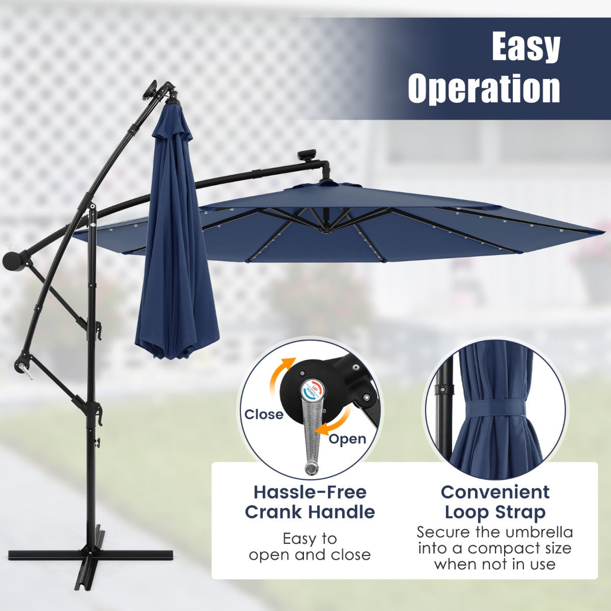LIVSK Hangparasol op Zonne-energie - 300 x 250 cm - 40 Lampen - Verstelbaar - Duurzaam Polyester - Grijs/Donkblauw