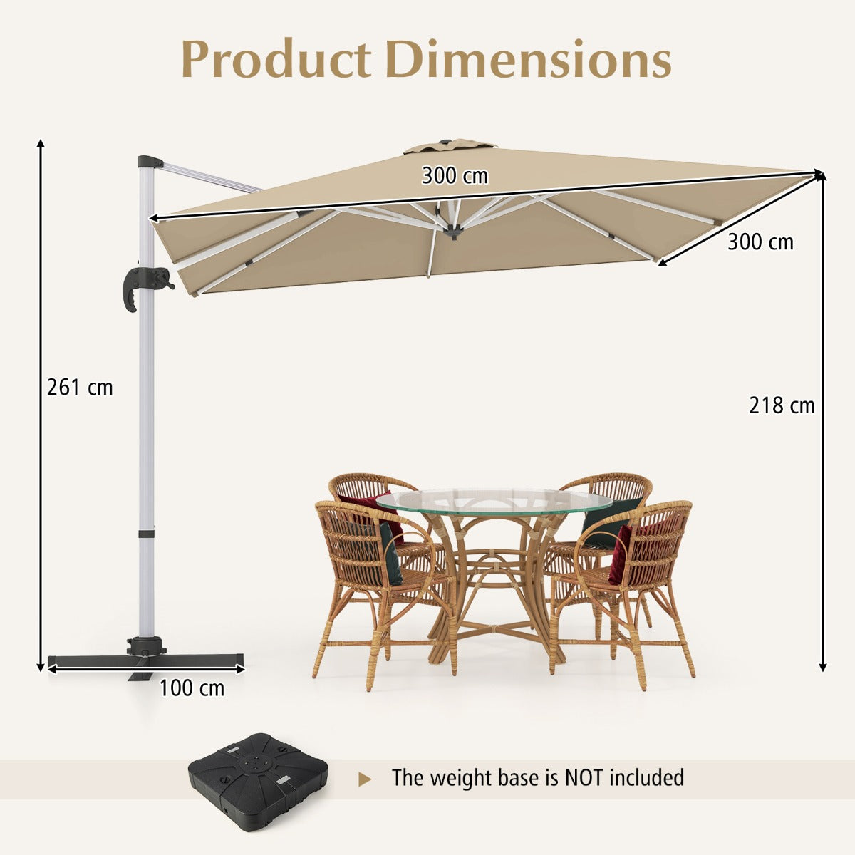 LIVSK Zweefparasol 300 x 300 x 261 cm - 360° Draaibaar - Verstelbare Helling - Waterafstotend - Aluminium - Beige