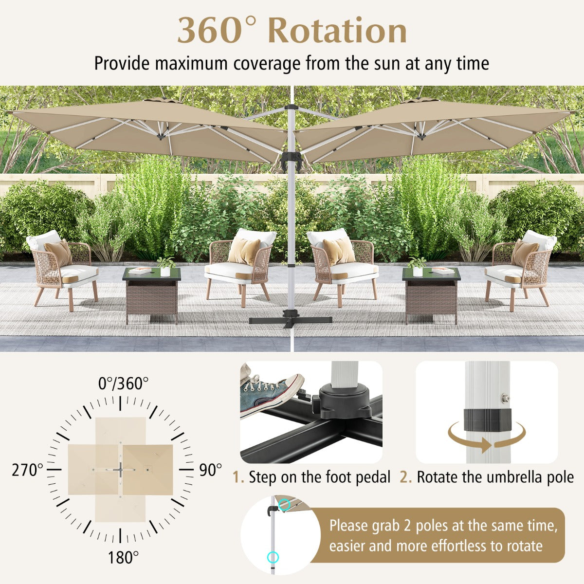 LIVSK Zweefparasol 300 x 300 x 261 cm - 360° Draaibaar - Verstelbare Helling - Waterafstotend - Aluminium - Beige