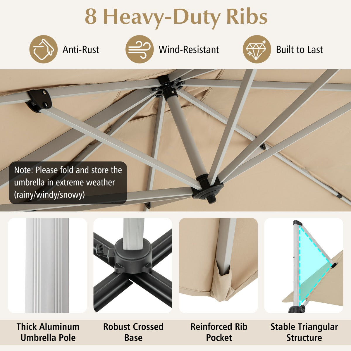 LIVSK Zweefparasol 300 x 300 x 261 cm - 360° Draaibaar - Verstelbare Helling - Waterafstotend - Aluminium - Beige