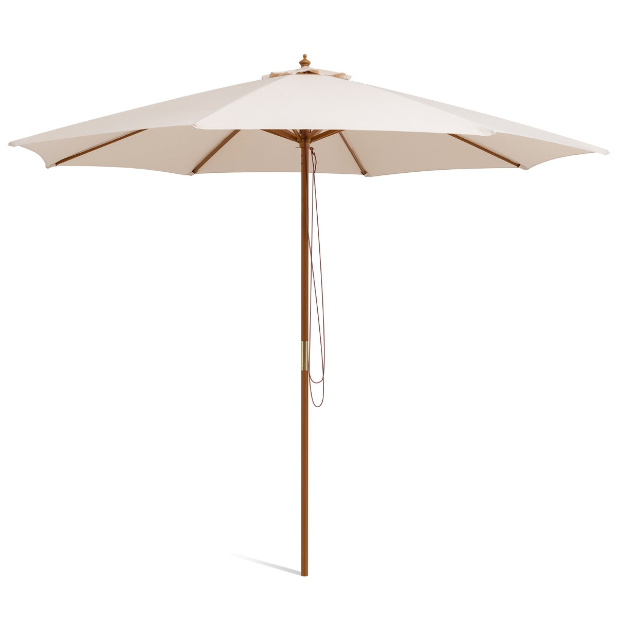 Livsk costway 300 cm houten terrasparasol tafelparasol met 8 bamboe baleinen 3 verstelbare hoogtes touwkatrol voor tuin terras beige 1