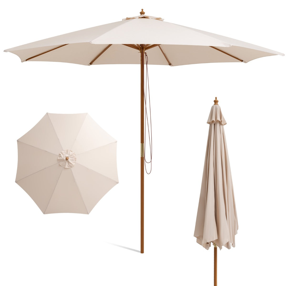Livsk costway 300 cm houten terrasparasol tafelparasol met 8 bamboe baleinen 3 verstelbare hoogtes touwkatrol voor tuin terras beige