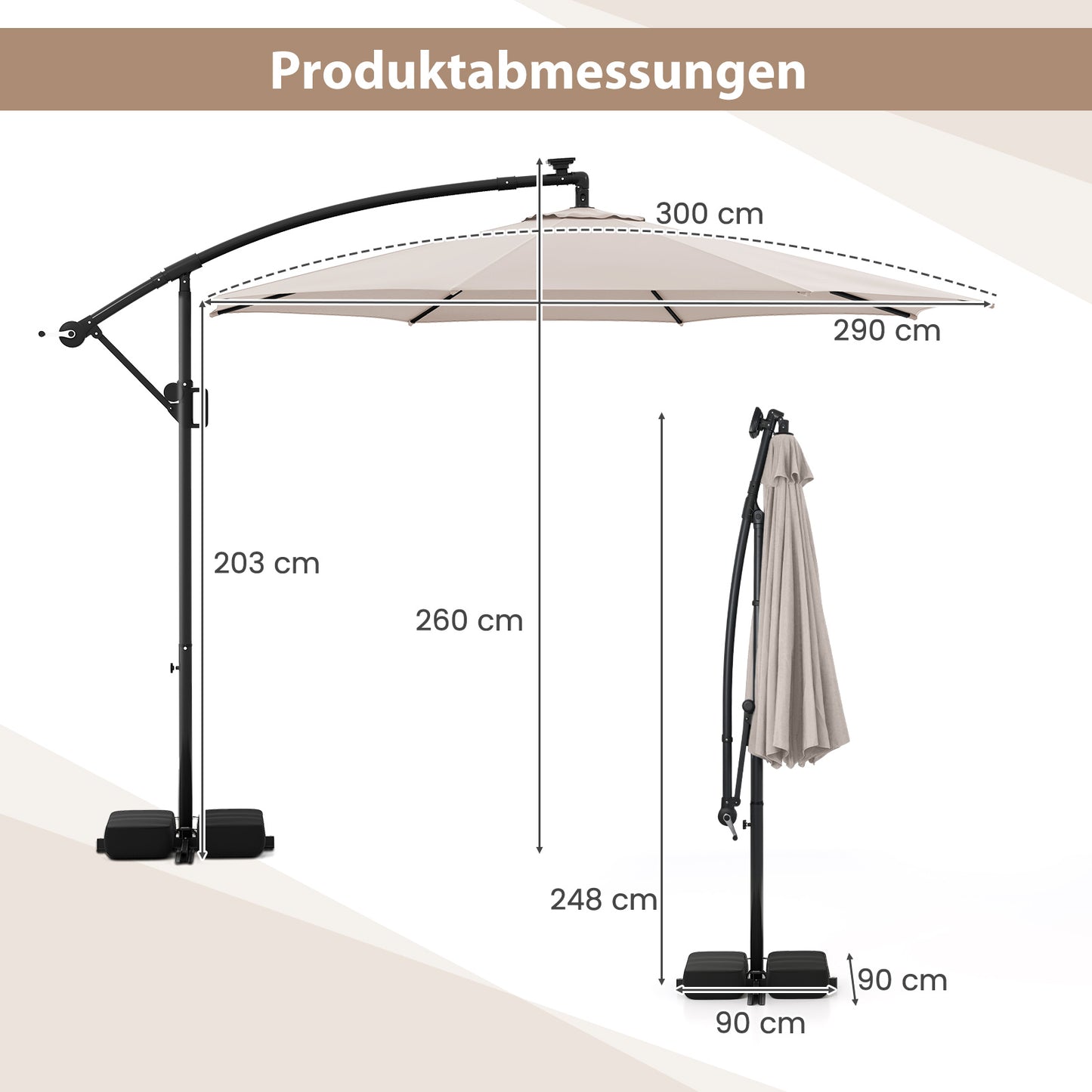 LIVSK 300 cm Parasol met 96 LED-lampen - 9 Verlichtingsmodi - Verstelbare Hellingshoek - Stabiele Zandzakken - Beige