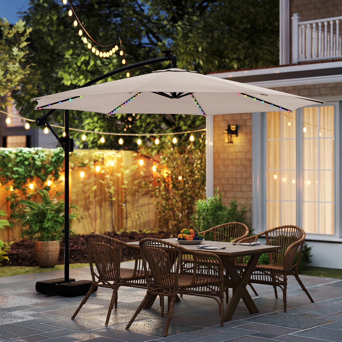 LIVSK 300 cm Parasol met 96 LED-lampen - 9 Verlichtingsmodi - Verstelbare Hellingshoek - Stabiele Zandzakken - Beige