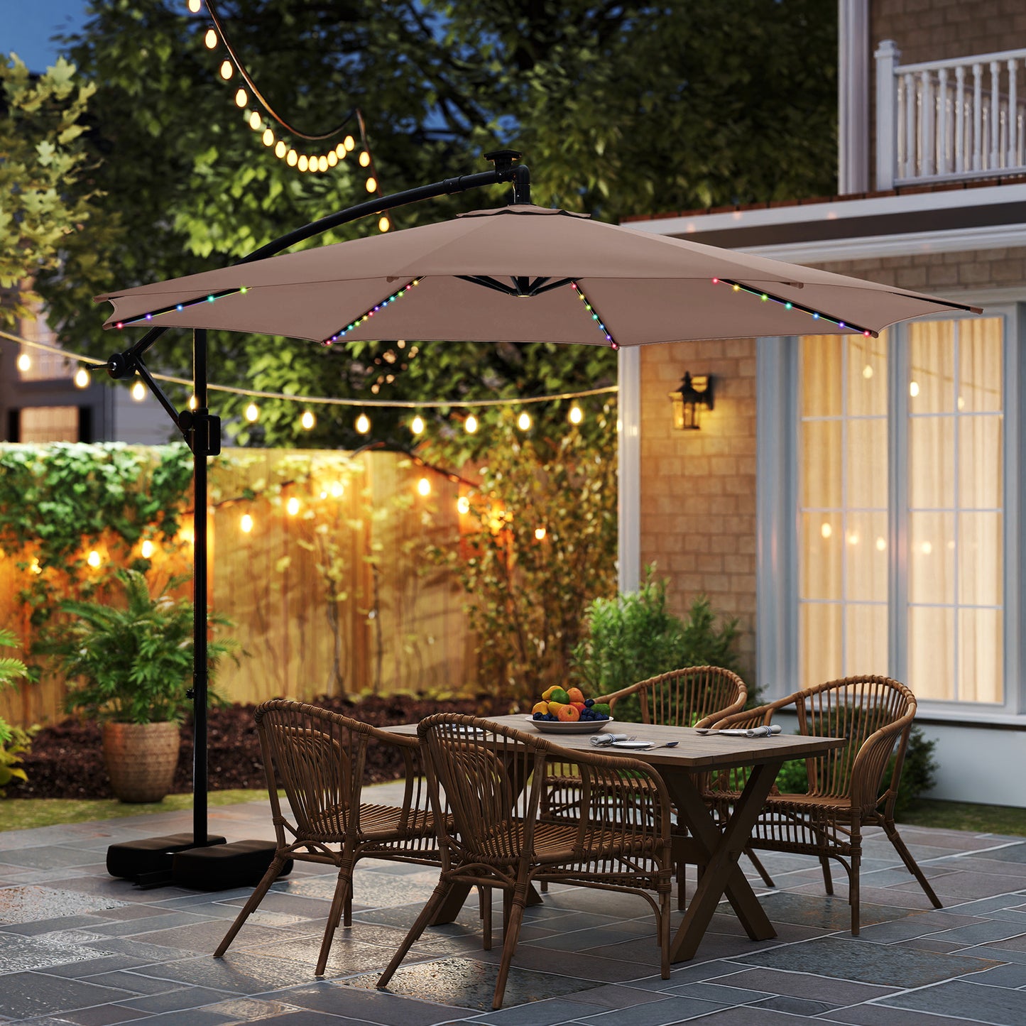 LIVSK Hangparasol met 96 LED's en 9 Verlichtingsmodi - 360° Rotatie - Stevige Constructie - 300 x 260 cm - Bruin