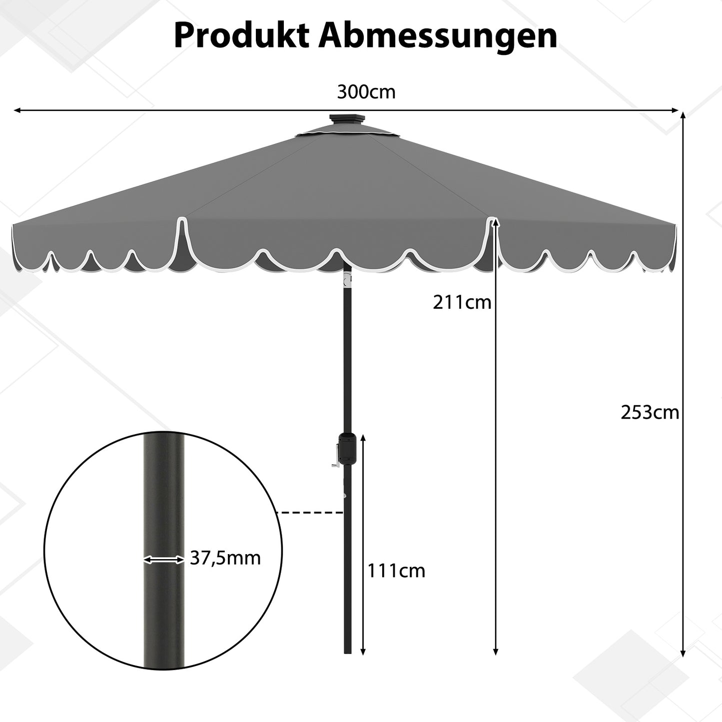 LIVSK Zonneparasol met LED Verlichting - Kantelbaar - Slingerbediening - 300 x 253 cm - Polyester Kap - Grijs