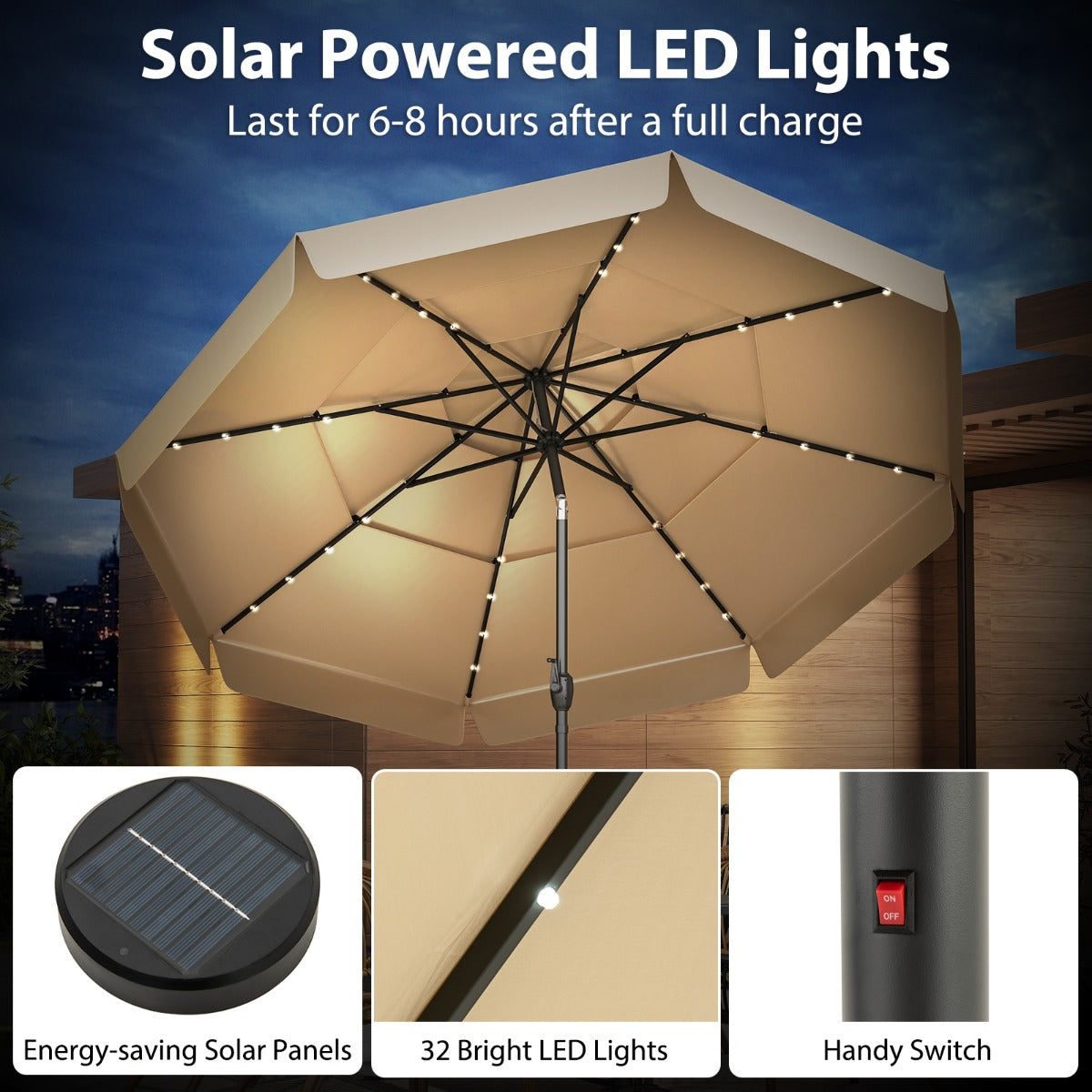 LIVSK Terrasparasol 300 cm - Zonne-energie met 32 LED-lampjes - Kantelbaar en geventileerd - Weersbestendig - Grijs