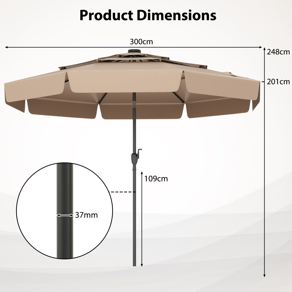 LIVSK Solar Parasol met Kantelverstelling - Geventileerd met 32 LED-lampjes - Hoogwaardige Polyester - 300 x 248 cm - Grijs