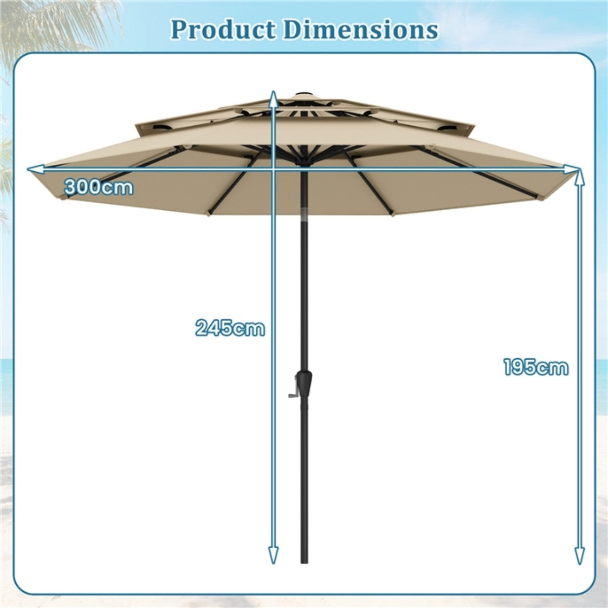 Livsk costway 300 cm terrasparasol met geventileerd 3 niveau dak grote buitenparasol met drukknop kantelen slinger 8 stijve baleinen beige