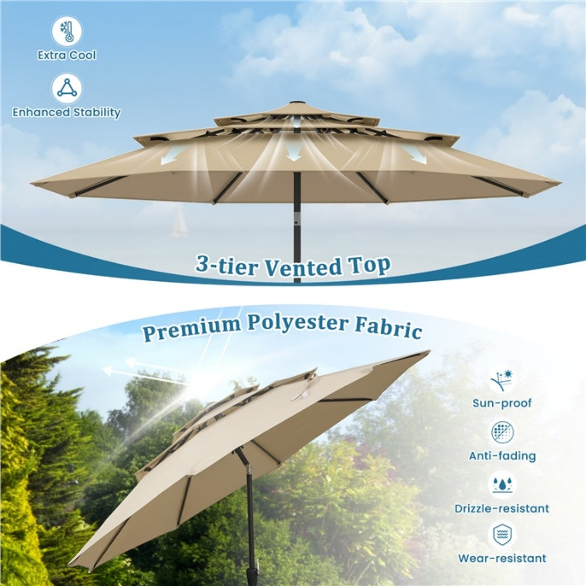 Livsk costway 300 cm terrasparasol met geventileerd 3 niveau dak grote buitenparasol met drukknop kantelen slinger 8 stijve baleinen beige