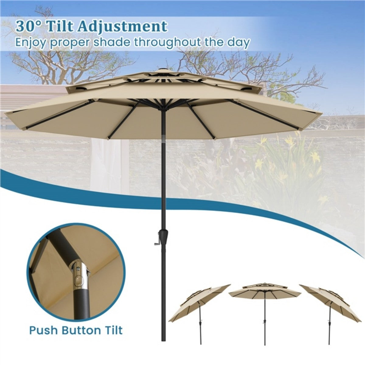 Livsk costway 300 cm terrasparasol met geventileerd 3 niveau dak grote buitenparasol met drukknop kantelen slinger 8 stijve baleinen beige