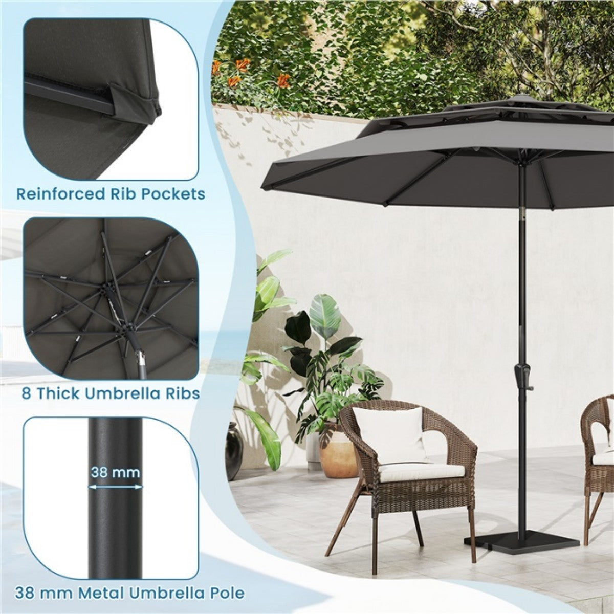 Livsk costway 300 cm terrasparasol met geventileerd 3 niveau dak grote buitenparasol met drukknop kantelen slinger 8 stijve baleinen grijs