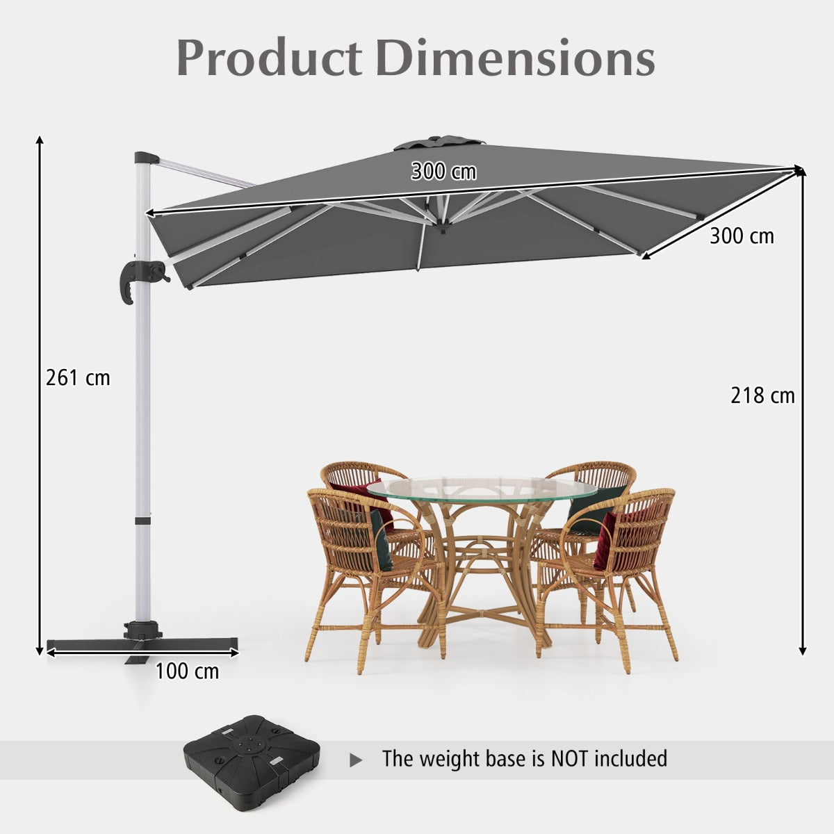 LIVSK Offset Parasol 300 x 300 cm - 360° Draai- en Kantelverstelling - Stevige Constructie - Geverfd Polyester - Zwart