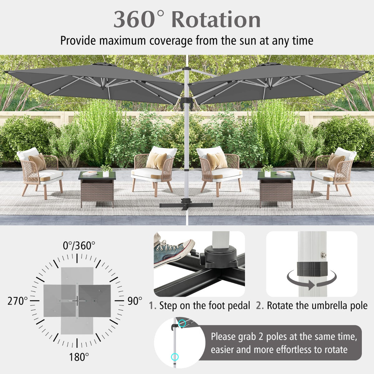 LIVSK Offset Parasol 300 x 300 cm - 360° Draai- en Kantelverstelling - Stevige Constructie - Geverfd Polyester - Zwart