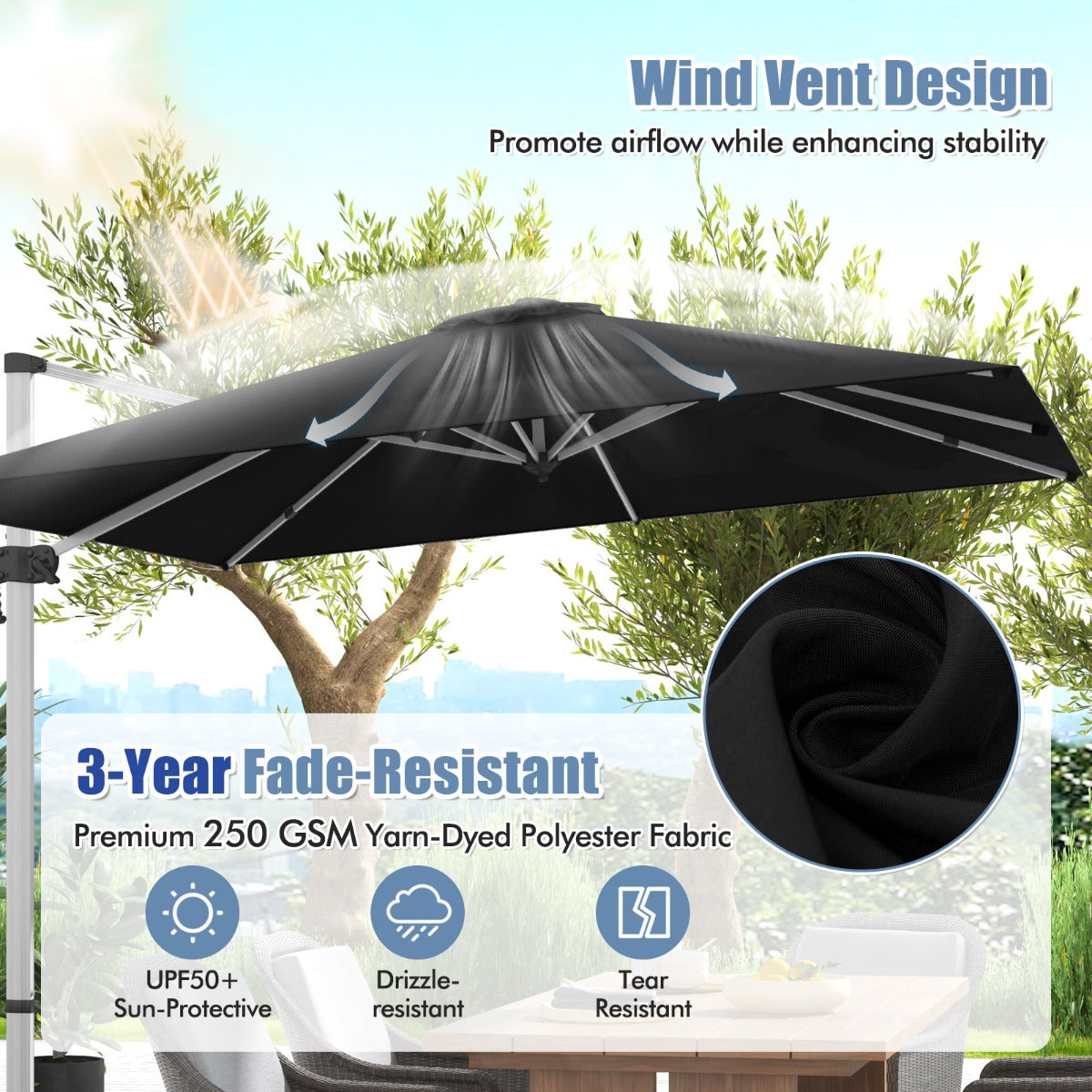 LIVSK Offset Parasol 300 x 300 cm - 360° Rotatie - 5 Verstelbare Hoeken - Stevig en Winddicht - Zwart