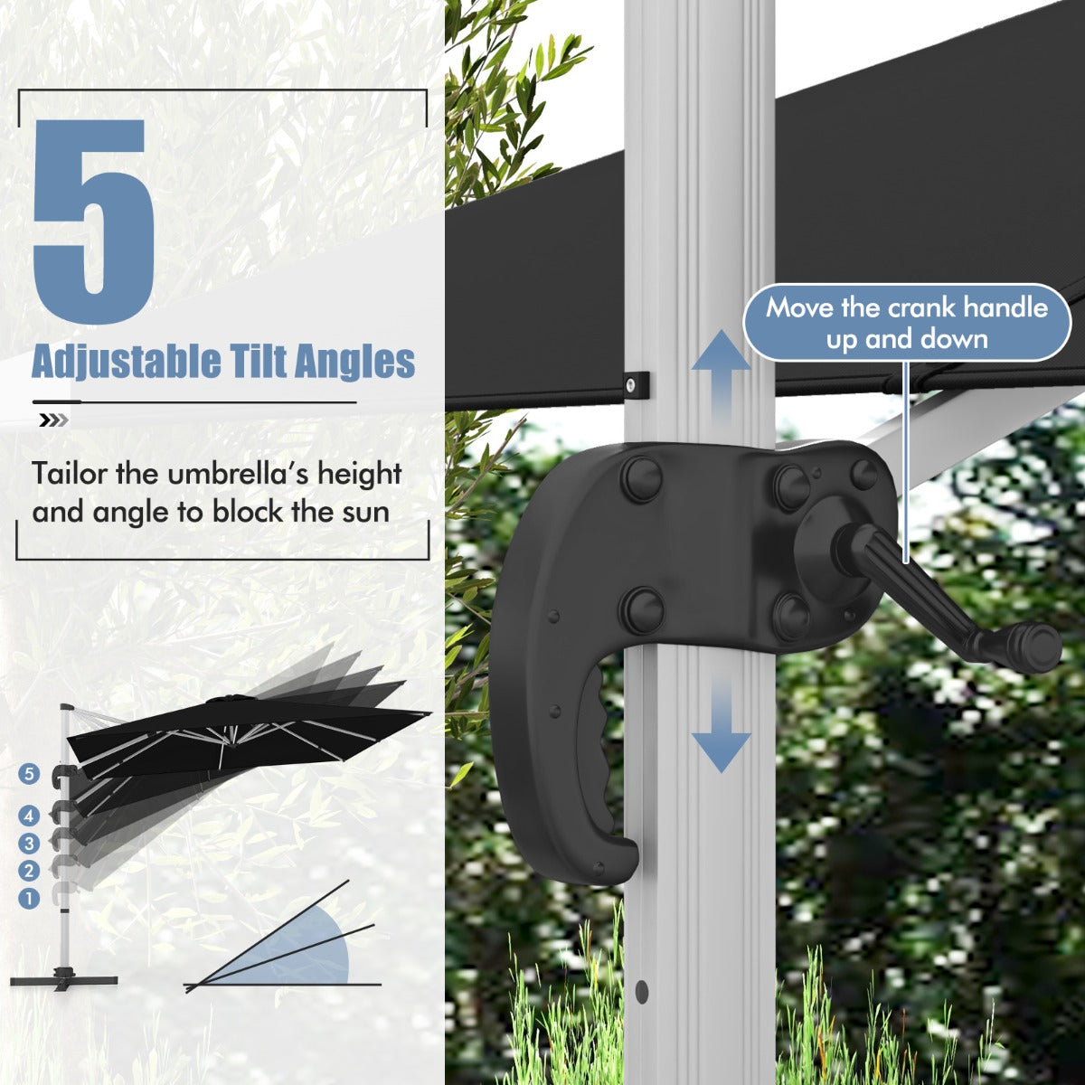 LIVSK Offset Parasol 300 x 300 cm - 360° Rotatie - 5 Verstelbare Hoeken - Stevig en Winddicht - Zwart