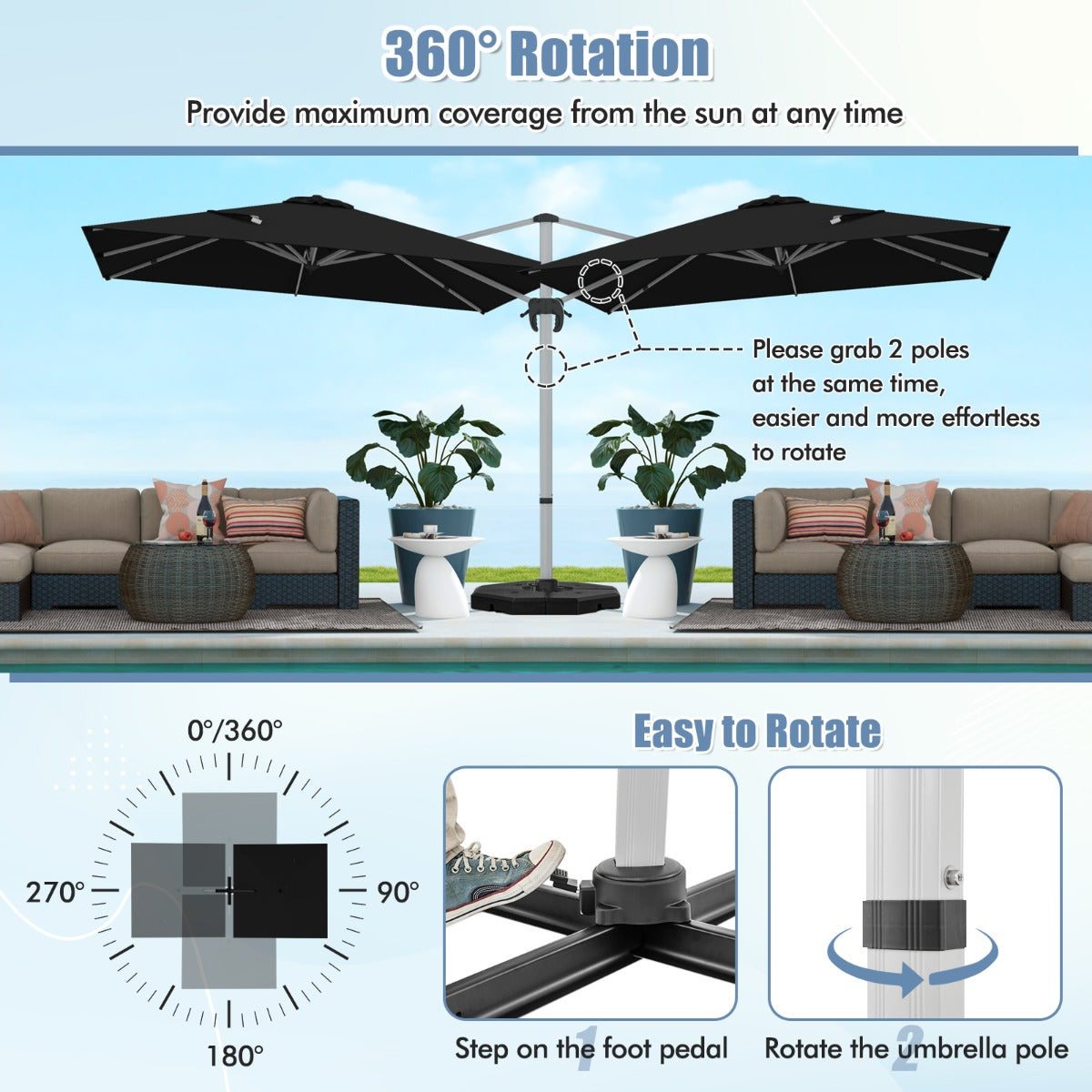 LIVSK Offset Parasol 300 x 300 cm - 360° Rotatie - 5 Verstelbare Hoeken - Stevig en Winddicht - Zwart