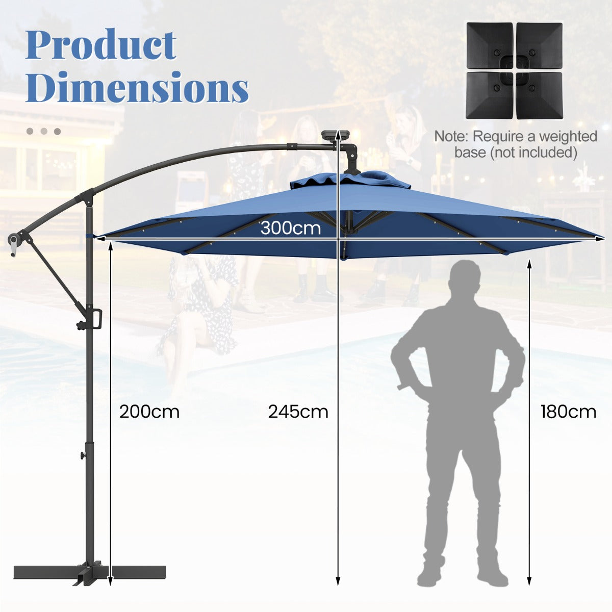 LIVSK Offset Parasol 300 cm - Met LED Verlichting op Zonne-energie - 360° Rotatie - Eenvoudige Bediening - Beige