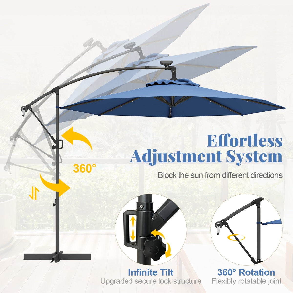 LIVSK Offset Parasol 300 cm - Met LED Verlichting op Zonne-energie - 360° Rotatie - Eenvoudige Bediening - Beige