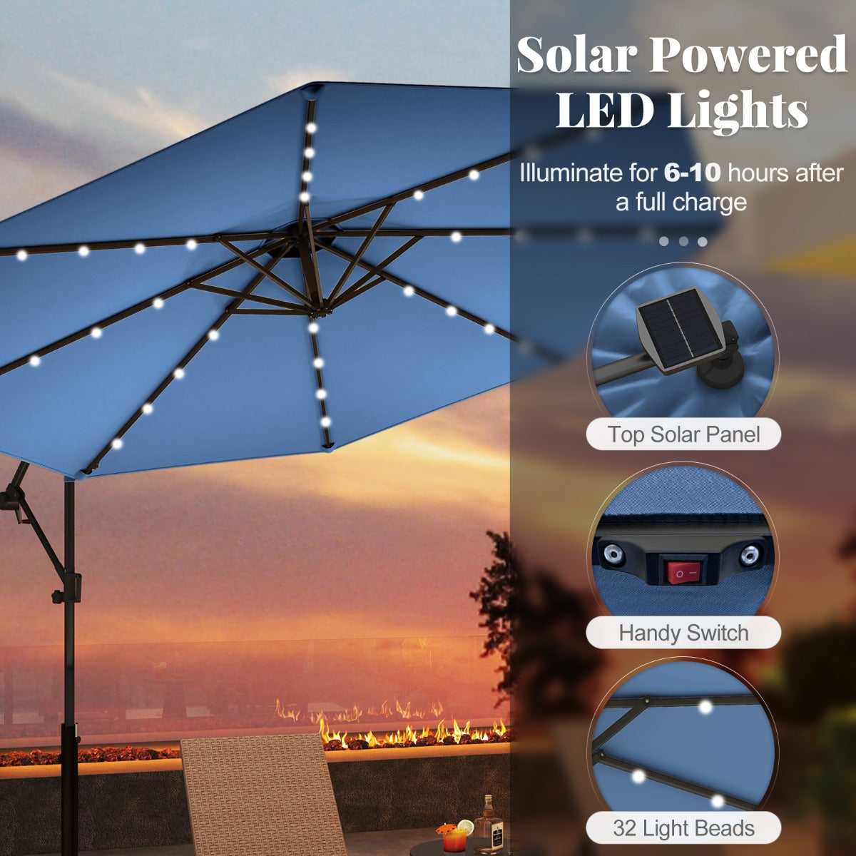 LIVSK Offset Parasol 300 cm - Met LED Verlichting op Zonne-energie - 360° Rotatie - Eenvoudige Bediening - Beige