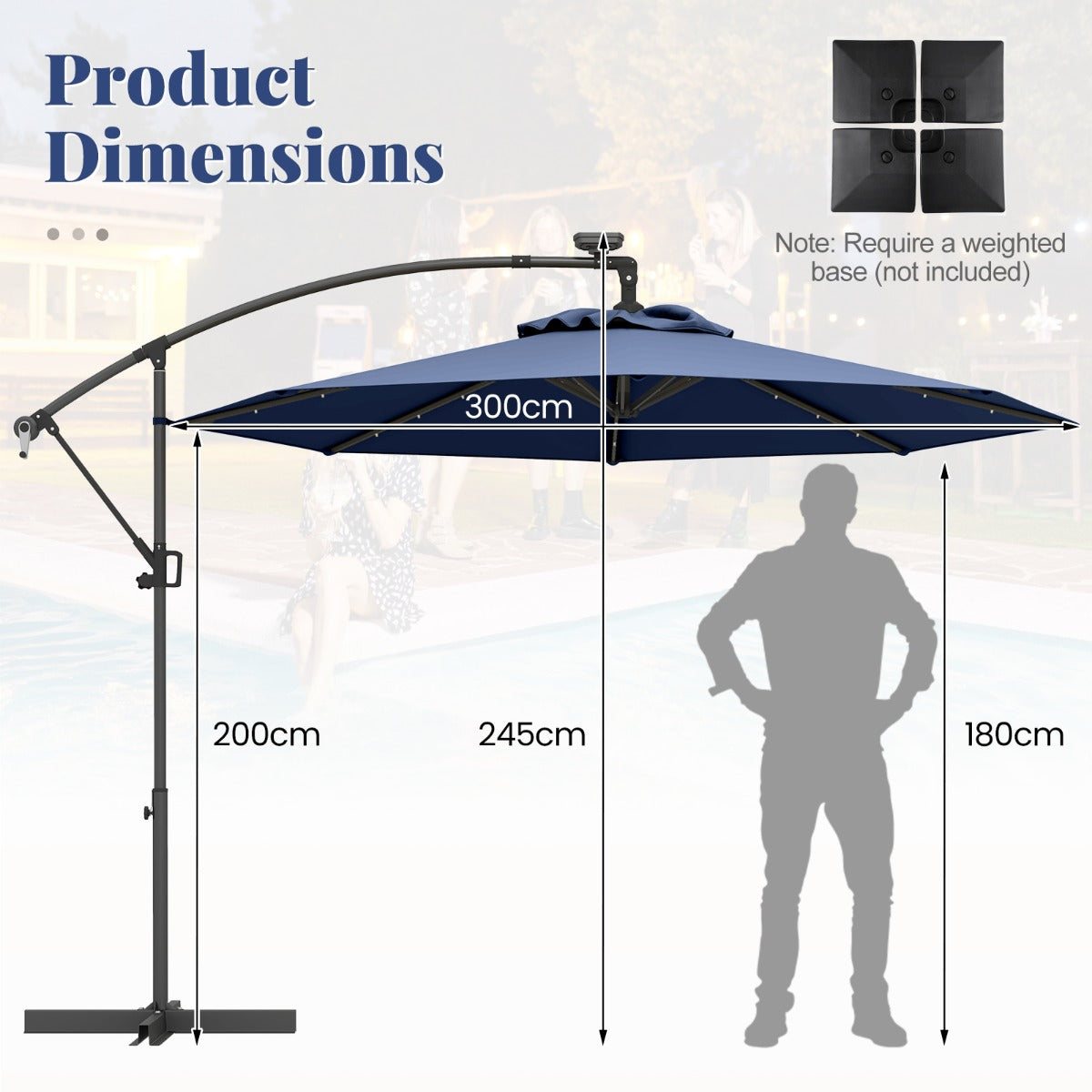 LIVSK Offset Parasol 300 cm - LED-verlichting op zonne-energie - 360° draaibaar - Eenvoudig te openen - Beige