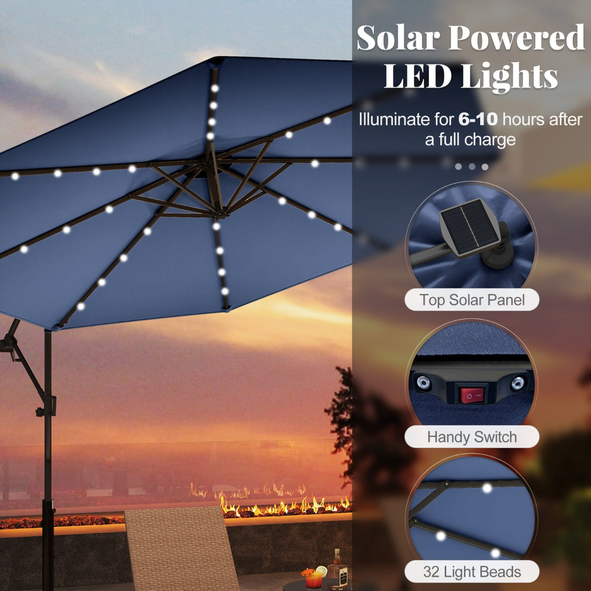 LIVSK Offset Parasol 300 cm - LED-verlichting op zonne-energie - 360° draaibaar - Eenvoudig te openen - Beige