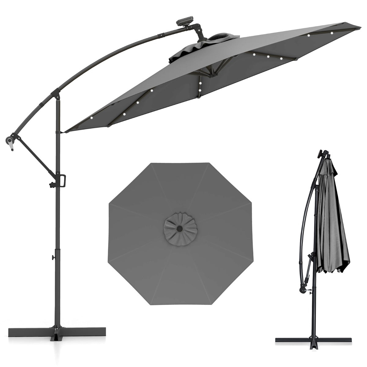 LIVSK Offset Parasol 300 cm met Zonne-energie LED's - Kantelbaar en 360° Draaiend - Waterafstotend - Voor Buiten - Grijs