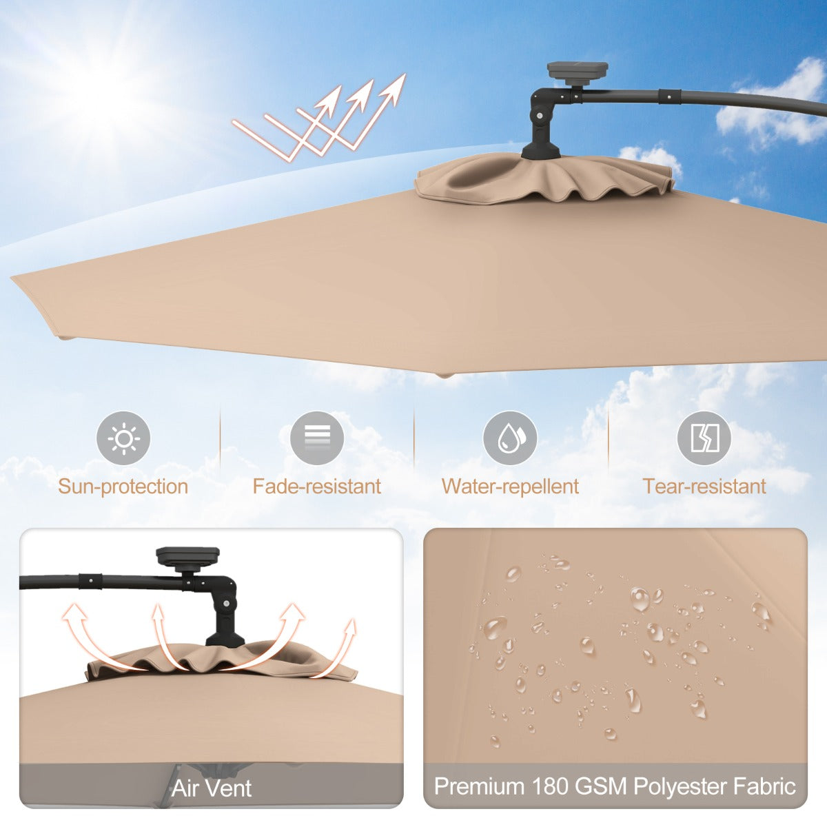 LIVSK Offset Parasol 300 cm - Met Afstandsbediening en 32 LED's - Kantelbaar en 360° Draaiend - Stevige Constructie - Beige