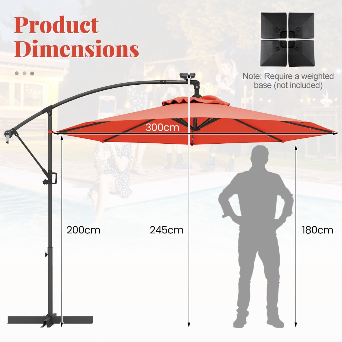 LIVSK Offset Parasol 300 cm met Afstandsbediening - 32 LED's - 360° Draaibaar - Waterafstotend - Oranje