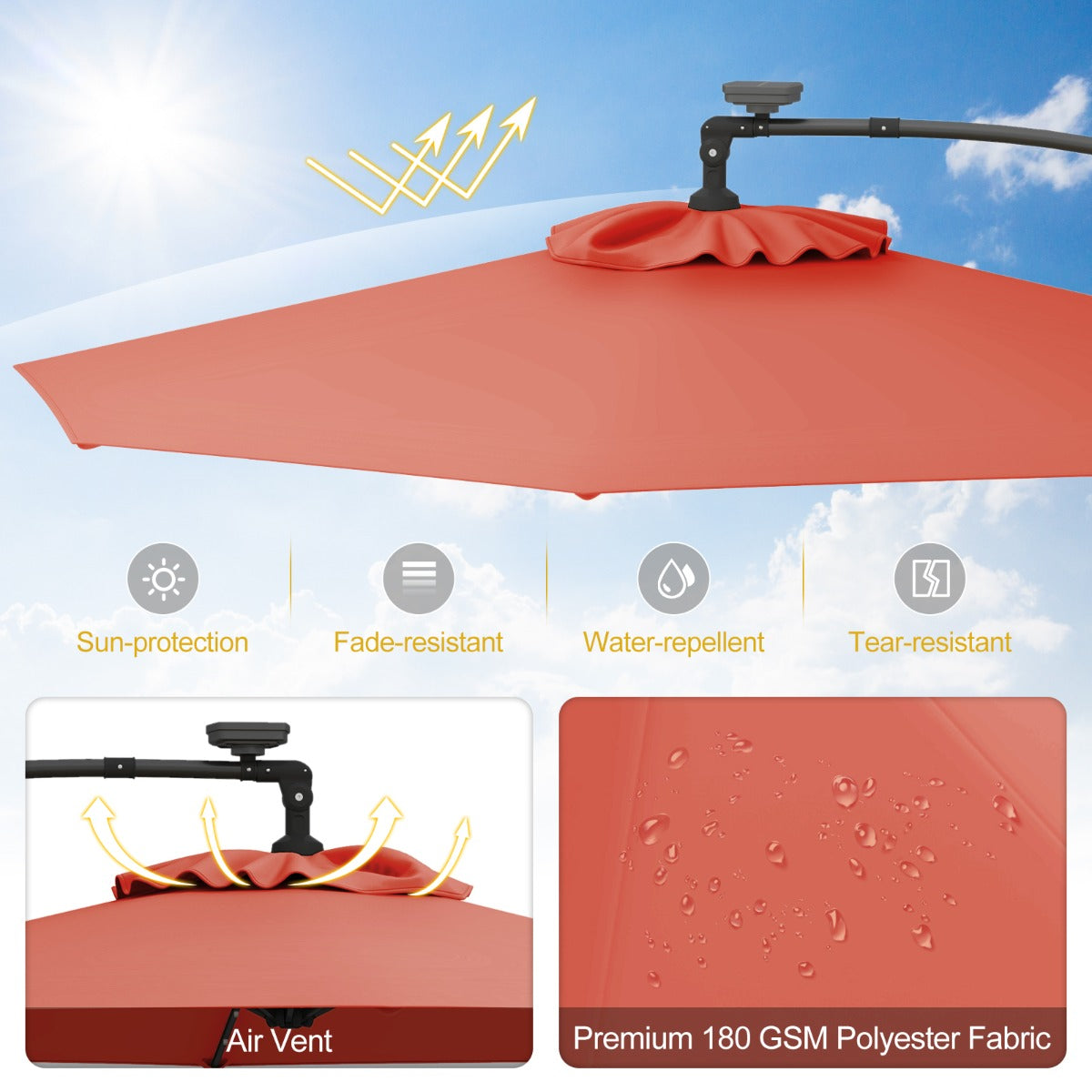 LIVSK Offset Parasol 300 cm met Afstandsbediening - 32 LED's - 360° Draaibaar - Waterafstotend - Oranje