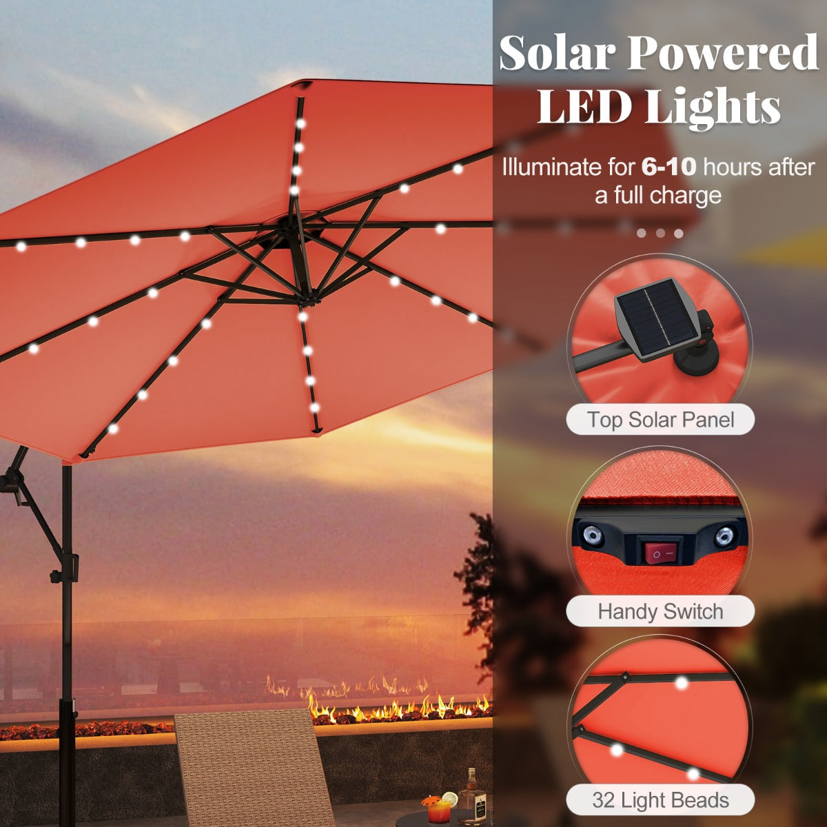 LIVSK Offset Parasol 300 cm met Afstandsbediening - 32 LED's - 360° Draaibaar - Waterafstotend - Oranje