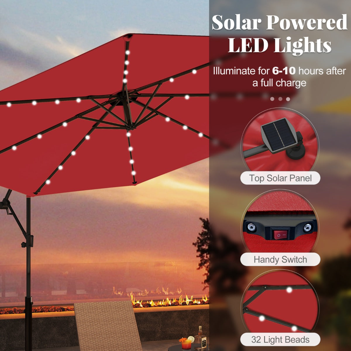 LIVSK Offset Parasol 300 cm - 32 LED's op Zonne-energie - Kantelmechanisme - Waterafstotend - Stabiele Constructie - Beige
