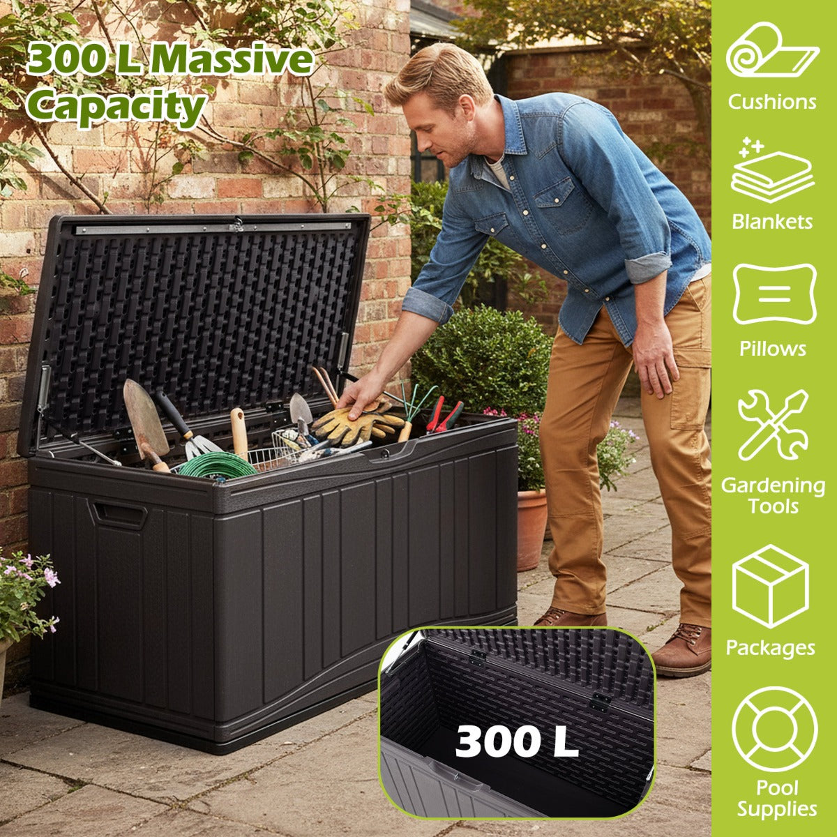 Livsk costway 300 l tuinbox grote hdpe opbergbox met gasveren en afsluitbaar deksel waterbestendige outdoorbox van kunststof bruin 3