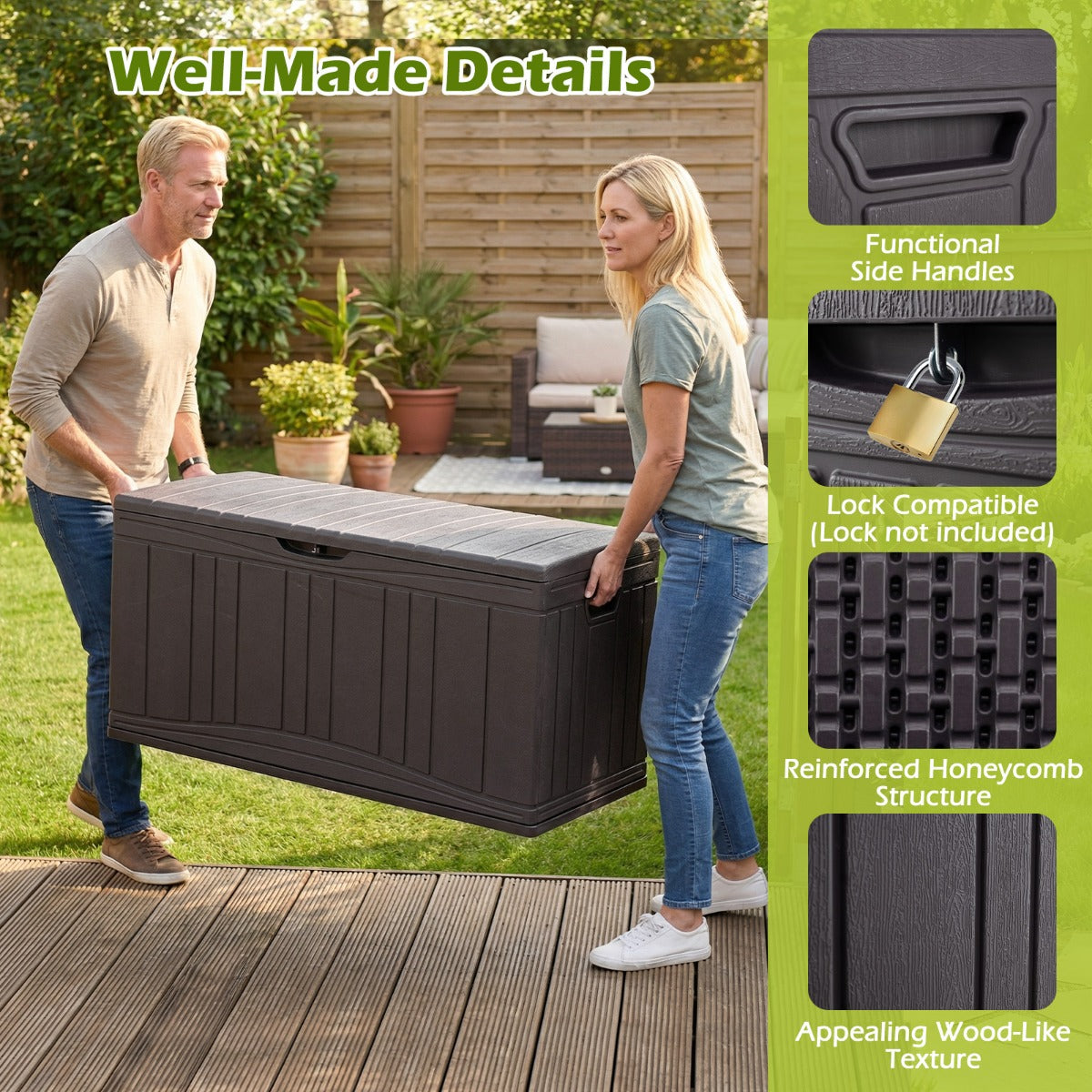 Livsk costway 300 l tuinbox grote hdpe opbergbox met gasveren en afsluitbaar deksel waterbestendige outdoorbox van kunststof bruin 6