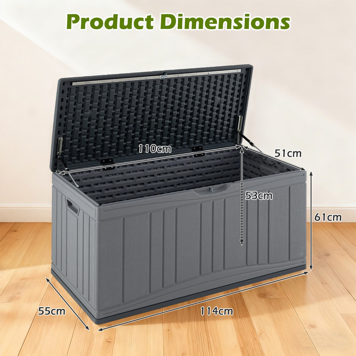 Livsk costway 300 l tuinbox grote hdpe opbergbox met gasveren en afsluitbaar deksel waterbestendige outdoorbox van kunststof grijs 2