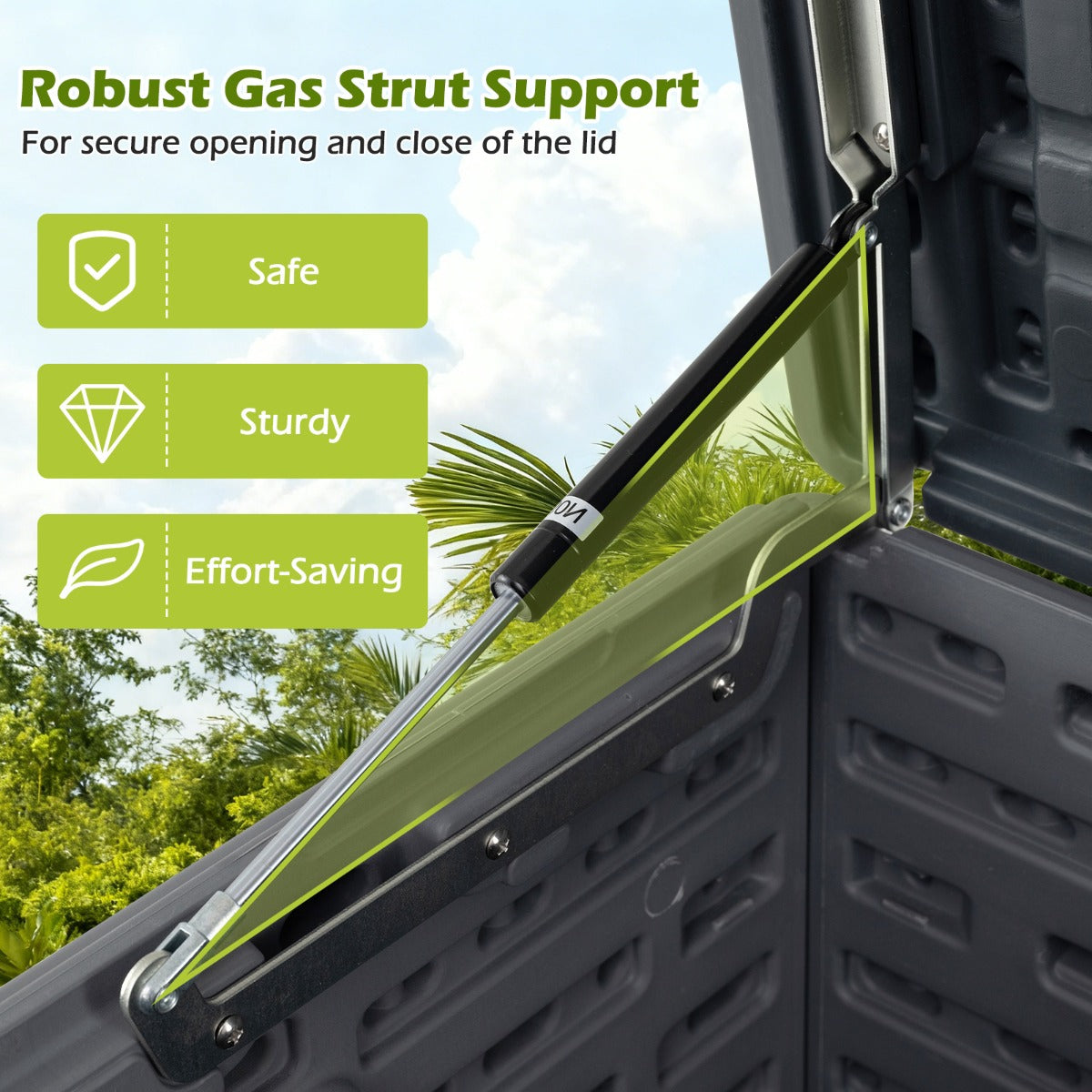 Livsk costway 300 l tuinbox grote hdpe opbergbox met gasveren en afsluitbaar deksel waterbestendige outdoorbox van kunststof grijs 5
