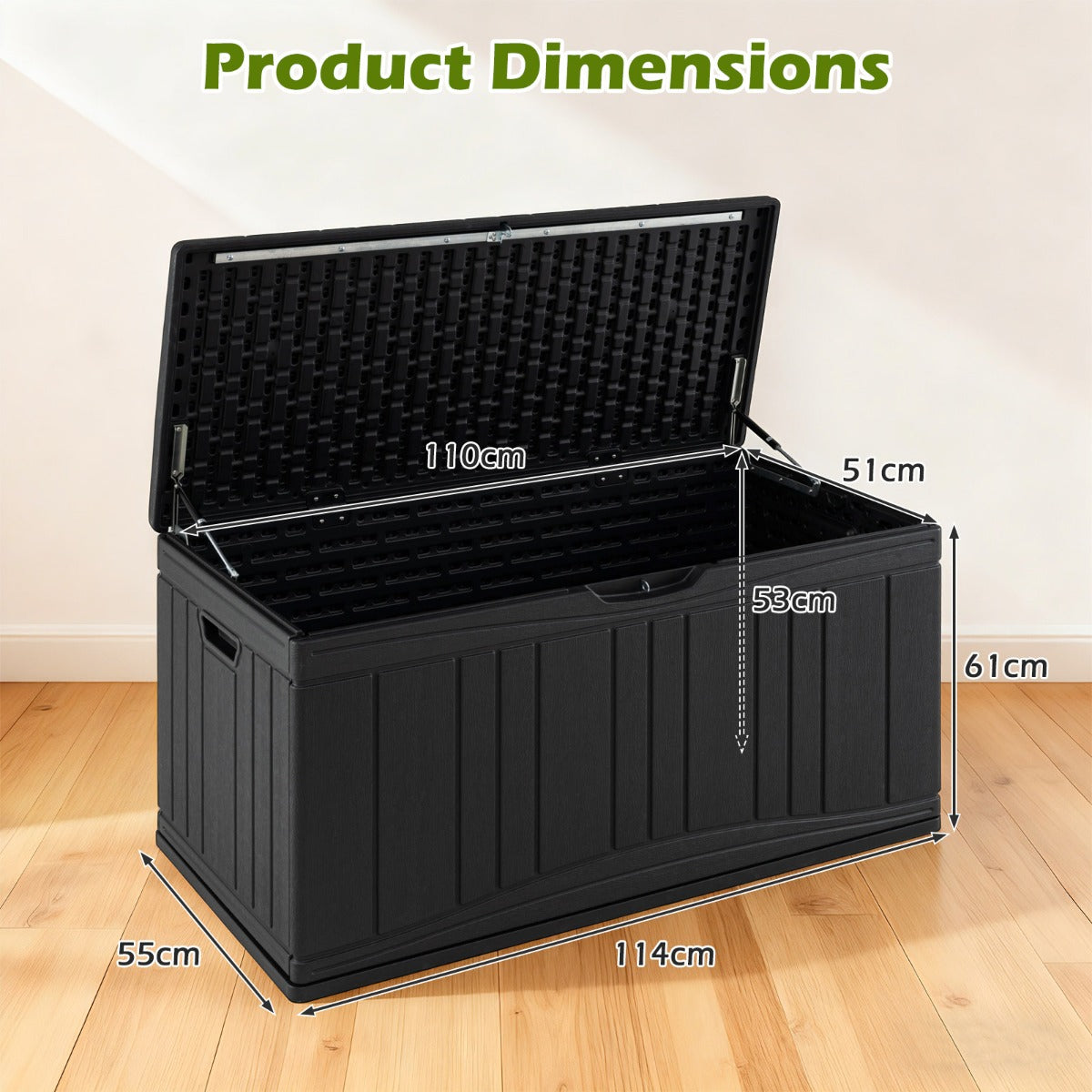 Livsk costway 300 l tuinbox grote hdpe opbergbox met gasveren en afsluitbaar deksel waterbestendige outdoorbox van kunststof zwart 2