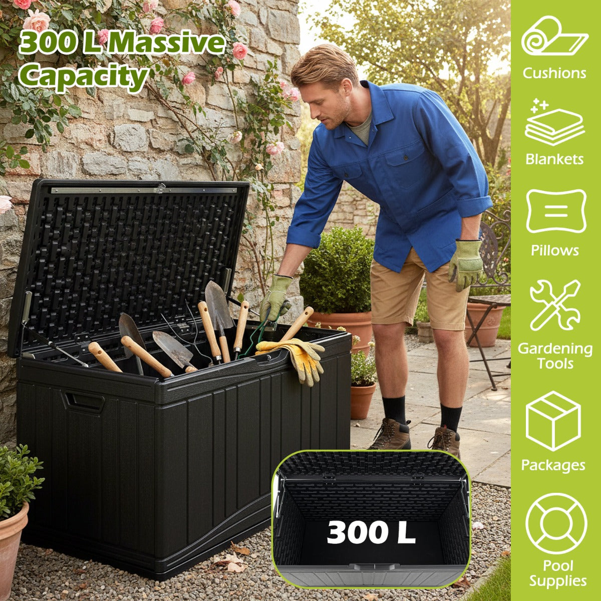 Livsk costway 300 l tuinbox grote hdpe opbergbox met gasveren en afsluitbaar deksel waterbestendige outdoorbox van kunststof zwart 3