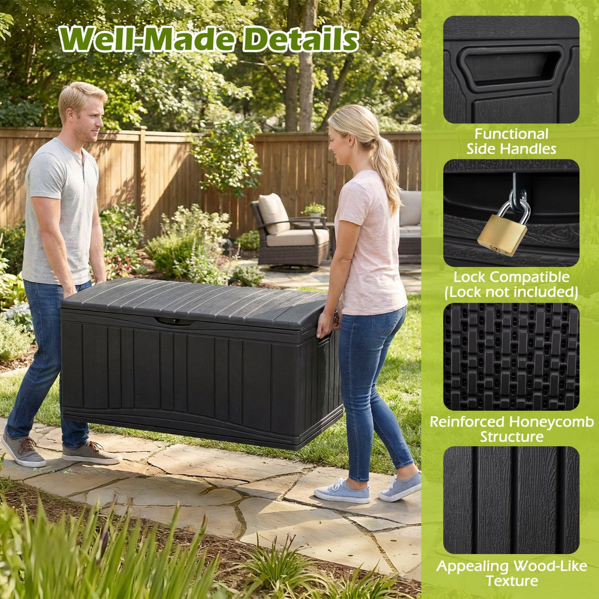 Livsk costway 300 l tuinbox grote hdpe opbergbox met gasveren en afsluitbaar deksel waterbestendige outdoorbox van kunststof zwart 6