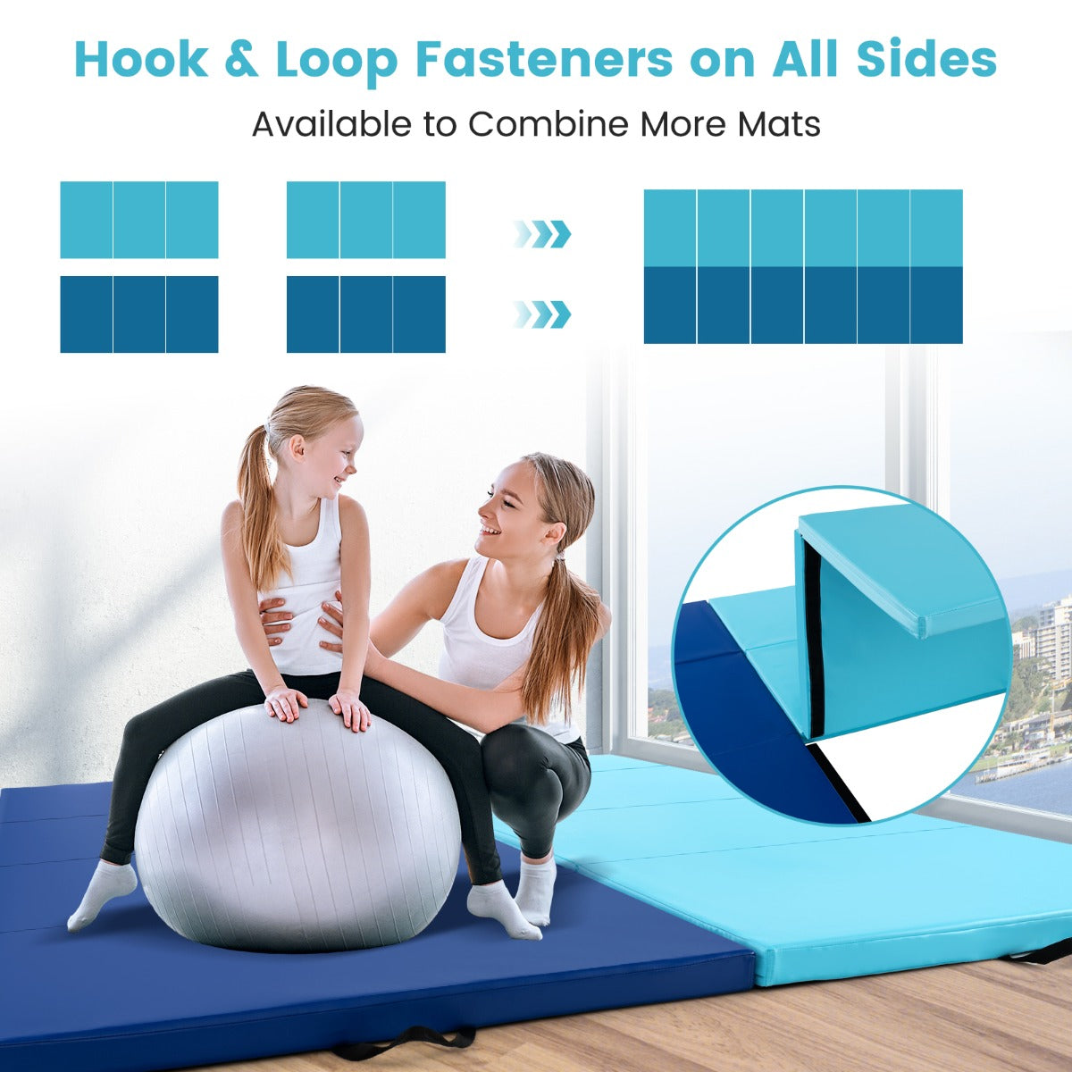 LIVSK Opvouwbare Gymnastiekmat - 5 cm EPE-schuim - Kunstleren Hoes - Klittenbandsluitingen - Draaggrepen - Lichtblauw