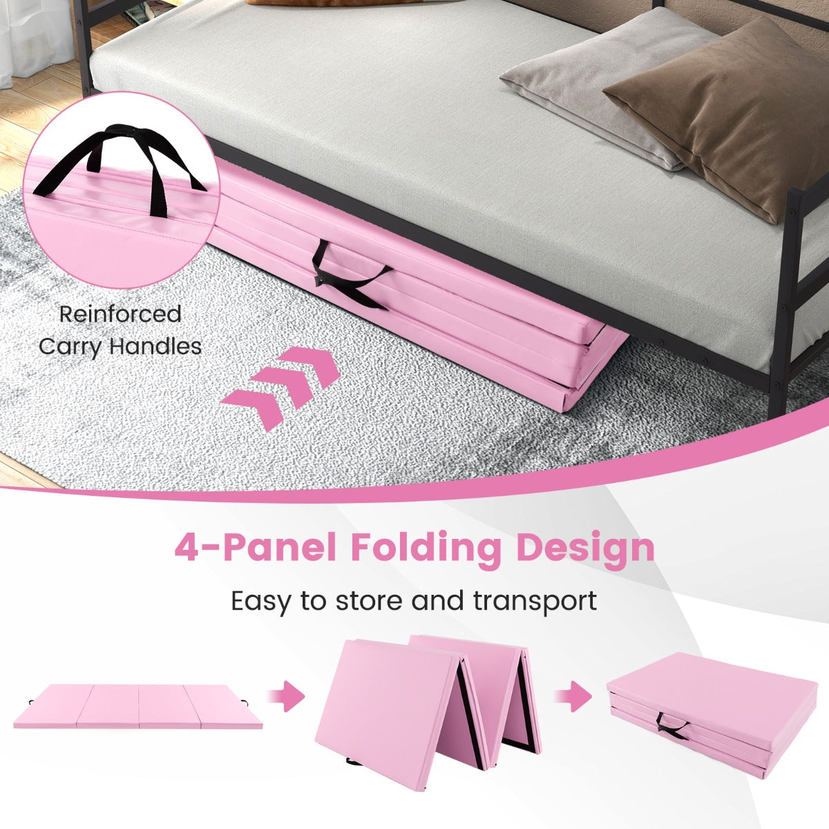 LIVSK Opvouwbare Gymnastiekmat - 5 cm EPE-schuim - Klittenbandsluiting - Handgrepen - 300 x 117 cm - Lichtroze