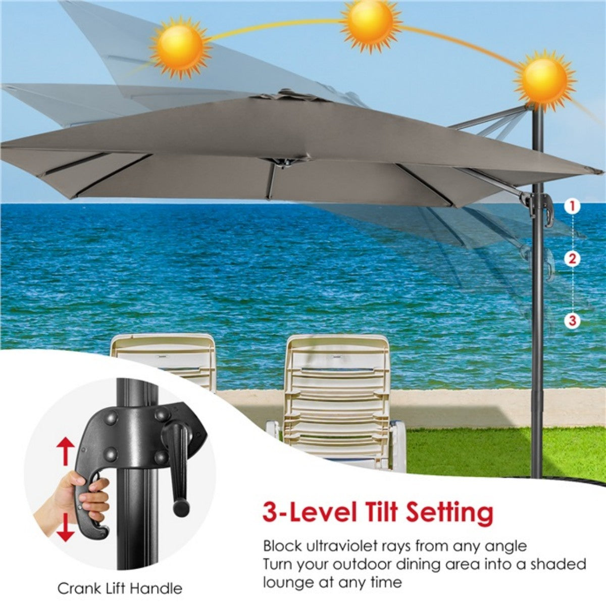 Livsk costway 300 x 300 cm parasol zweefparasol met zwengel tuinparasol kantelbaar 360 draaibaar grote terrasparasol marktparasol grijs