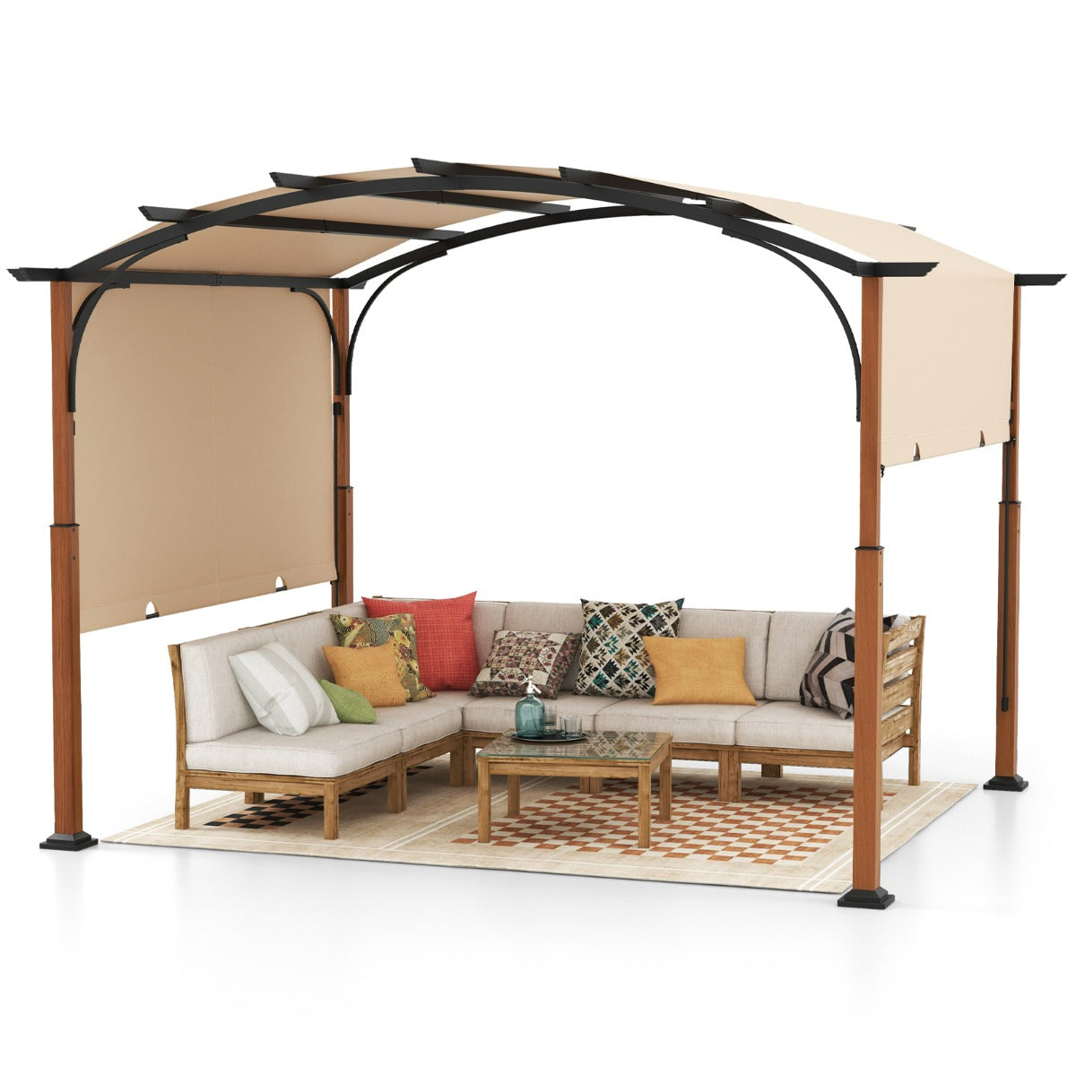 LIVSK Uitschuifbare Tuinpergola - Stabiele Boogstructuur - Duurzaam Polyesterweefsel - 360 x 300 x 260 cm - Beige