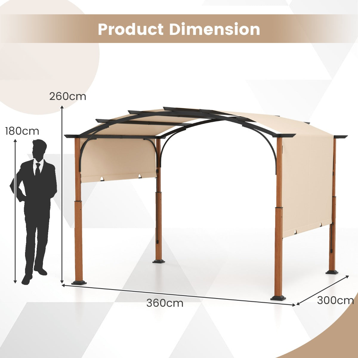 LIVSK Uitschuifbare Tuinpergola - Stabiele Boogstructuur - Duurzaam Polyesterweefsel - 360 x 300 x 260 cm - Beige